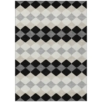 3' X 5' Black Ivory And Beige Geometric Washable Indoor Outdoor Area Rug