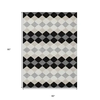5' X 8' Black Ivory And Beige Geometric Washable Indoor Outdoor Area Rug