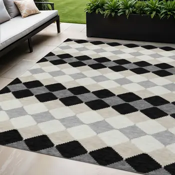 5' X 8' Black Ivory And Beige Geometric Washable Indoor Outdoor Area Rug