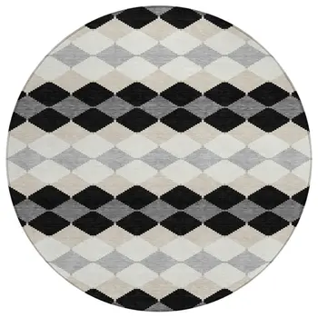 8' Black Ivory And Beige Round Geometric Washable Indoor Outdoor Area Rug