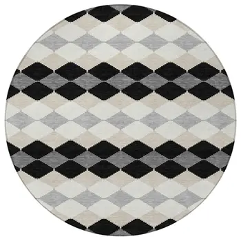 8' Black Ivory And Beige Round Geometric Washable Indoor Outdoor Area Rug