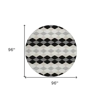 8' Black Ivory And Beige Round Geometric Washable Indoor Outdoor Area Rug