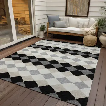 8' X 10' Black Ivory And Beige Geometric Washable Indoor Outdoor Area Rug