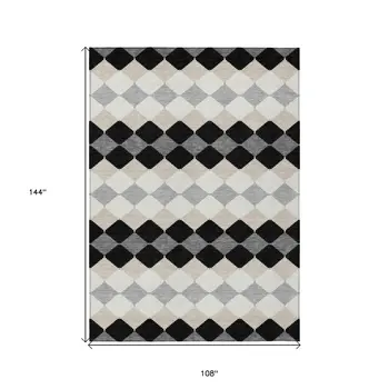 9' X 12' Black Ivory And Beige Geometric Washable Indoor Outdoor Area Rug