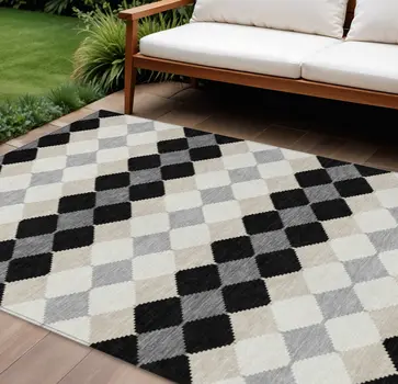 9' X 12' Black Ivory And Beige Geometric Washable Indoor Outdoor Area Rug