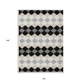 10' X 14' Black Ivory And Beige Geometric Washable Indoor Outdoor Area Rug