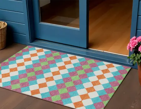 3' X 5' Blush Blue And Copper Geometric Washable Indoor Outdoor Area Rug
