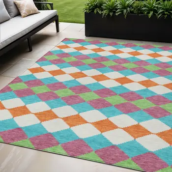 5' X 8' Blush Blue And Copper Geometric Washable Indoor Outdoor Area Rug