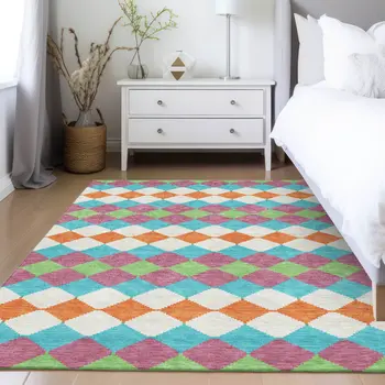 5' X 8' Blush Blue And Copper Geometric Washable Indoor Outdoor Area Rug