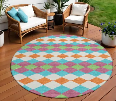 8' Blush Blue And Copper Round Geometric Washable Indoor Outdoor Area Rug