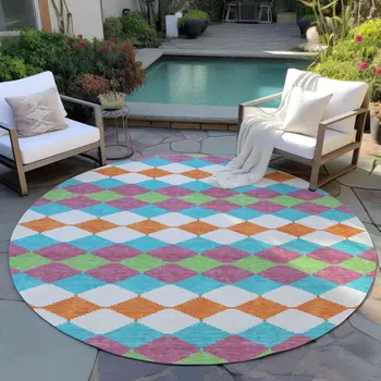 8' Blush Blue And Copper Round Geometric Washable Indoor Outdoor Area Rug