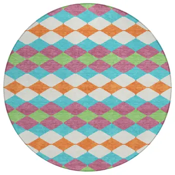 8' Blush Blue And Copper Round Geometric Washable Indoor Outdoor Area Rug