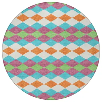 8' Blush Blue And Copper Round Geometric Washable Indoor Outdoor Area Rug
