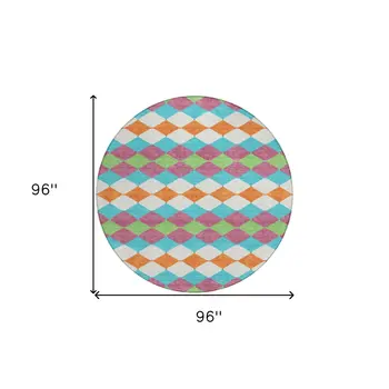 8' Blush Blue And Copper Round Geometric Washable Indoor Outdoor Area Rug
