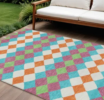 8' X 10' Blush Blue And Copper Geometric Washable Indoor Outdoor Area Rug