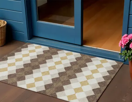 3' X 5' Brown Beige And Ivory Geometric Washable Indoor Outdoor Area Rug