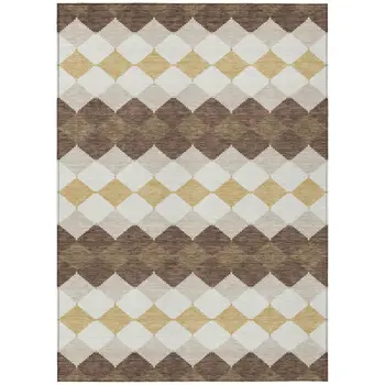 3' X 5' Brown Beige And Ivory Geometric Washable Indoor Outdoor Area Rug