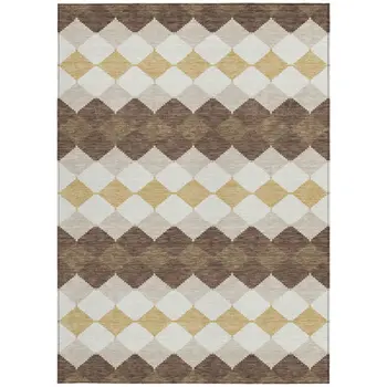 5' X 8' Brown Beige And Ivory Geometric Washable Indoor Outdoor Area Rug
