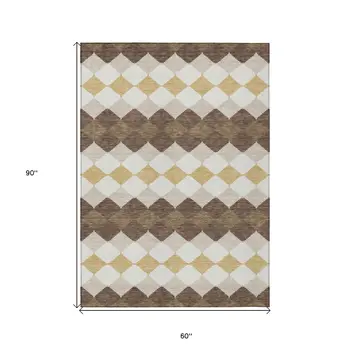 5' X 8' Brown Beige And Ivory Geometric Washable Indoor Outdoor Area Rug