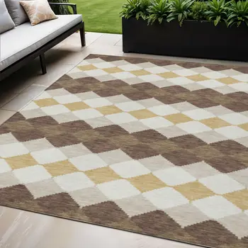 5' X 8' Brown Beige And Ivory Geometric Washable Indoor Outdoor Area Rug