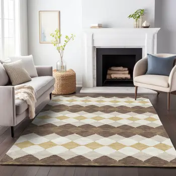 5' X 8' Brown Beige And Ivory Geometric Washable Indoor Outdoor Area Rug