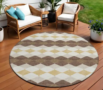 8' Brown Beige And Ivory Round Geometric Washable Indoor Outdoor Area Rug