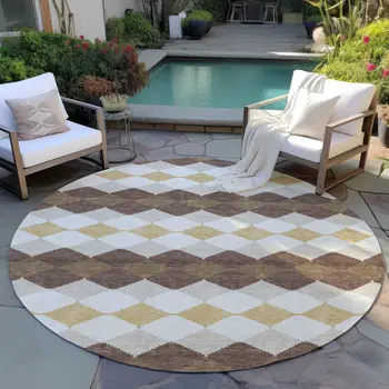 8' Brown Beige And Ivory Round Geometric Washable Indoor Outdoor Area Rug