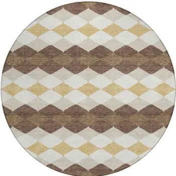 8' Brown Beige And Ivory Round Geometric Washable Indoor Outdoor Area Rug