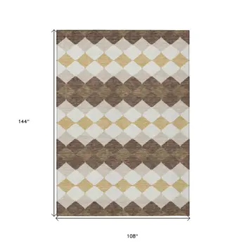 9' X 12' Brown Beige And Ivory Geometric Washable Indoor Outdoor Area Rug