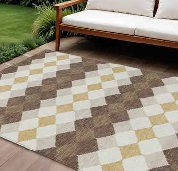 10' X 14' Brown Beige And Ivory Geometric Washable Indoor Outdoor Area Rug