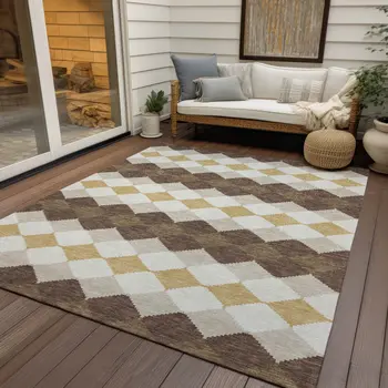 10' X 14' Brown Beige And Ivory Geometric Washable Indoor Outdoor Area Rug