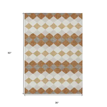 3' X 5' Copper Beige And Ivory Geometric Washable Indoor Outdoor Area Rug