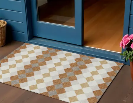 3' X 5' Copper Beige And Ivory Geometric Washable Indoor Outdoor Area Rug