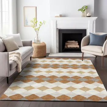 3' X 5' Copper Beige And Ivory Geometric Washable Indoor Outdoor Area Rug