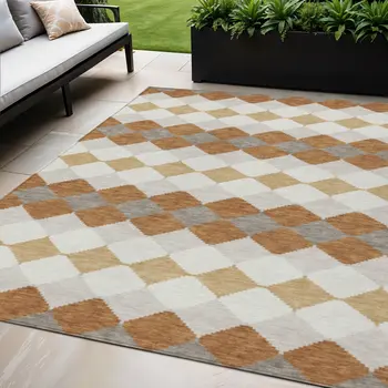 5' X 8' Copper Beige And Ivory Geometric Washable Indoor Outdoor Area Rug