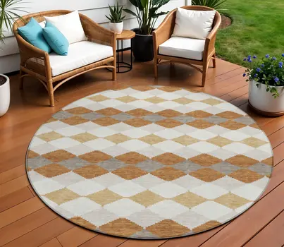 8' Copper Beige And Ivory Round Geometric Washable Indoor Outdoor Area Rug