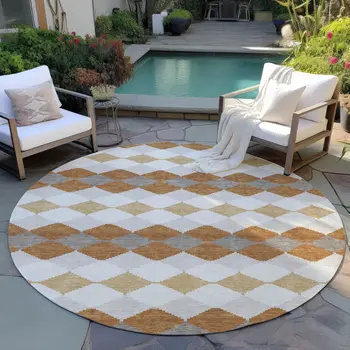 8' Copper Beige And Ivory Round Geometric Washable Indoor Outdoor Area Rug