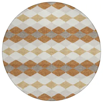 8' Copper Beige And Ivory Round Geometric Washable Indoor Outdoor Area Rug