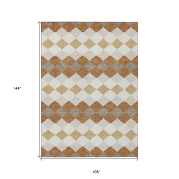 9' X 12' Copper Beige And Ivory Geometric Washable Indoor Outdoor Area Rug