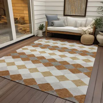 9' X 12' Copper Beige And Ivory Geometric Washable Indoor Outdoor Area Rug