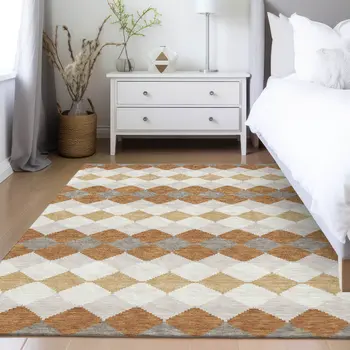 9' X 12' Copper Beige And Ivory Geometric Washable Indoor Outdoor Area Rug