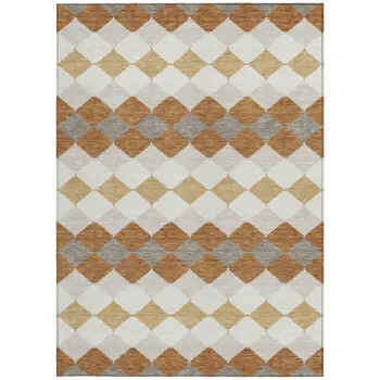 10' X 14' Copper Beige And Ivory Geometric Washable Indoor Outdoor Area Rug