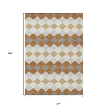 10' X 14' Copper Beige And Ivory Geometric Washable Indoor Outdoor Area Rug