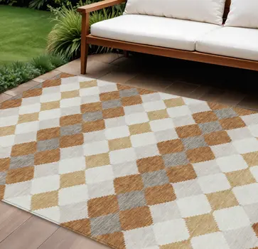 10' X 14' Copper Beige And Ivory Geometric Washable Indoor Outdoor Area Rug