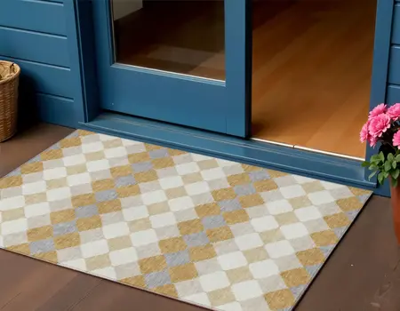3' X 5' Gold Copper And Ivory Geometric Washable Indoor Outdoor Area Rug