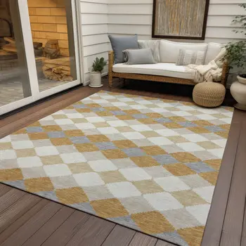 3' X 5' Gold Copper And Ivory Geometric Washable Indoor Outdoor Area Rug