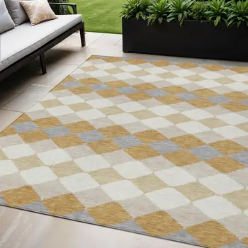 5' X 8' Gold Copper And Ivory Geometric Washable Indoor Outdoor Area Rug