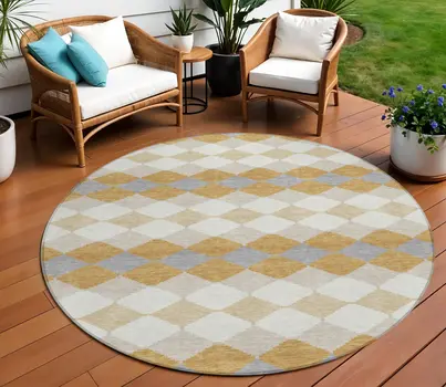8' Gold Copper And Ivory Round Geometric Washable Indoor Outdoor Area Rug