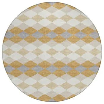 8' Gold Copper And Ivory Round Geometric Washable Indoor Outdoor Area Rug