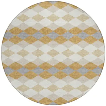 8' Gold Copper And Ivory Round Geometric Washable Indoor Outdoor Area Rug